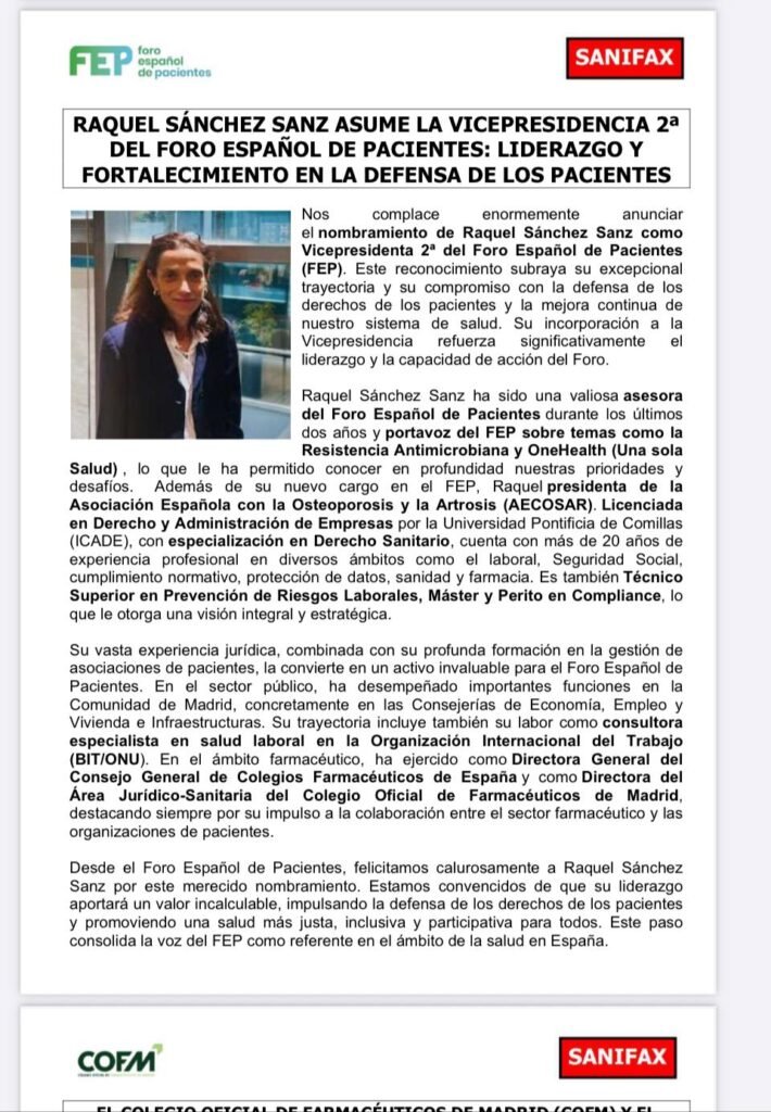 Raquel Sánchez Sanz asume la Vicepresidencia 2ª del Foro Español de Pacientes: Liderazgo y Fortalecimiento en la Defensa de los Pacientes 1 sanifax raquel